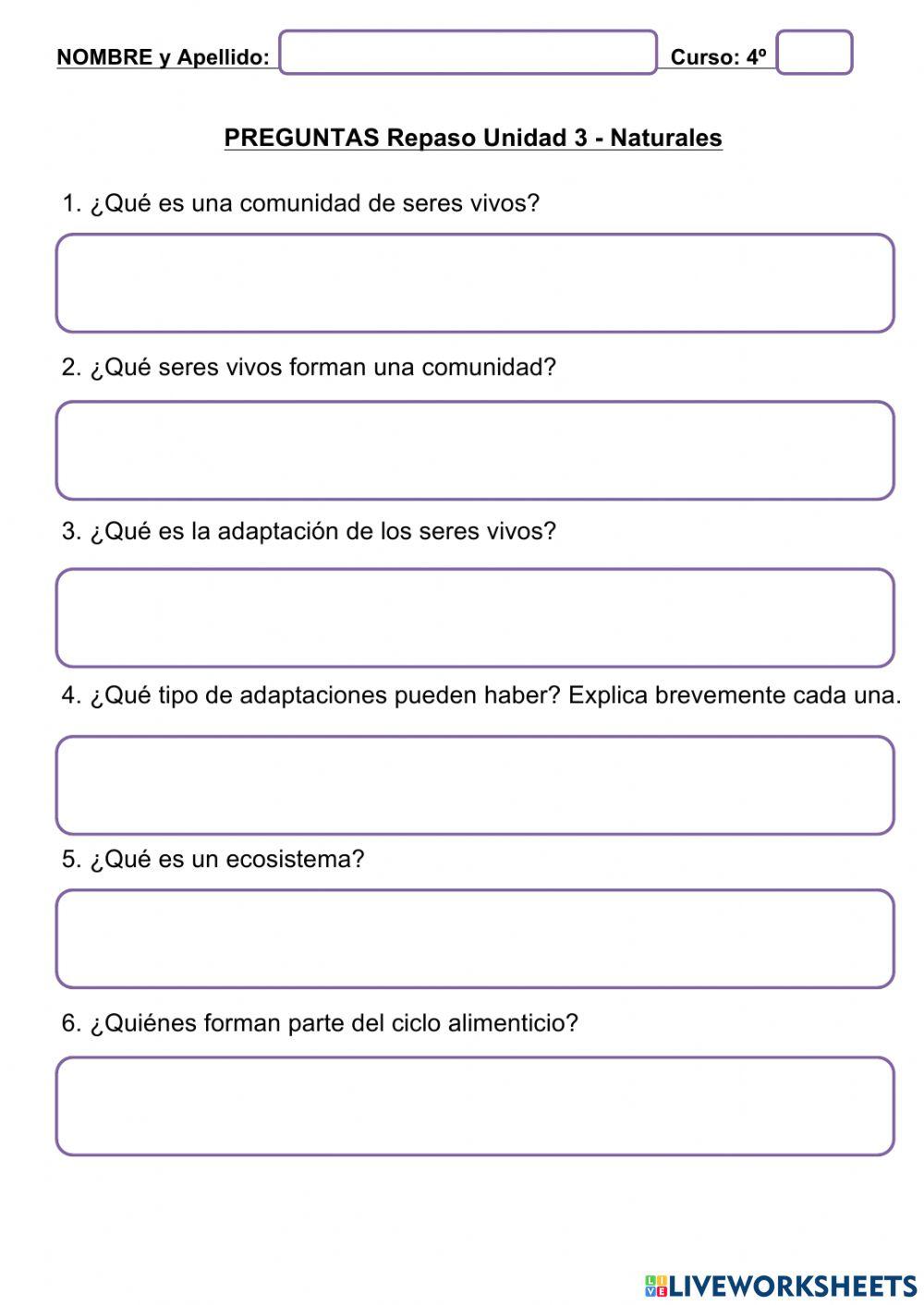 PREGUNTAS Repaso Unidad 3 - Naturales Los seres vivos en el ecosistema