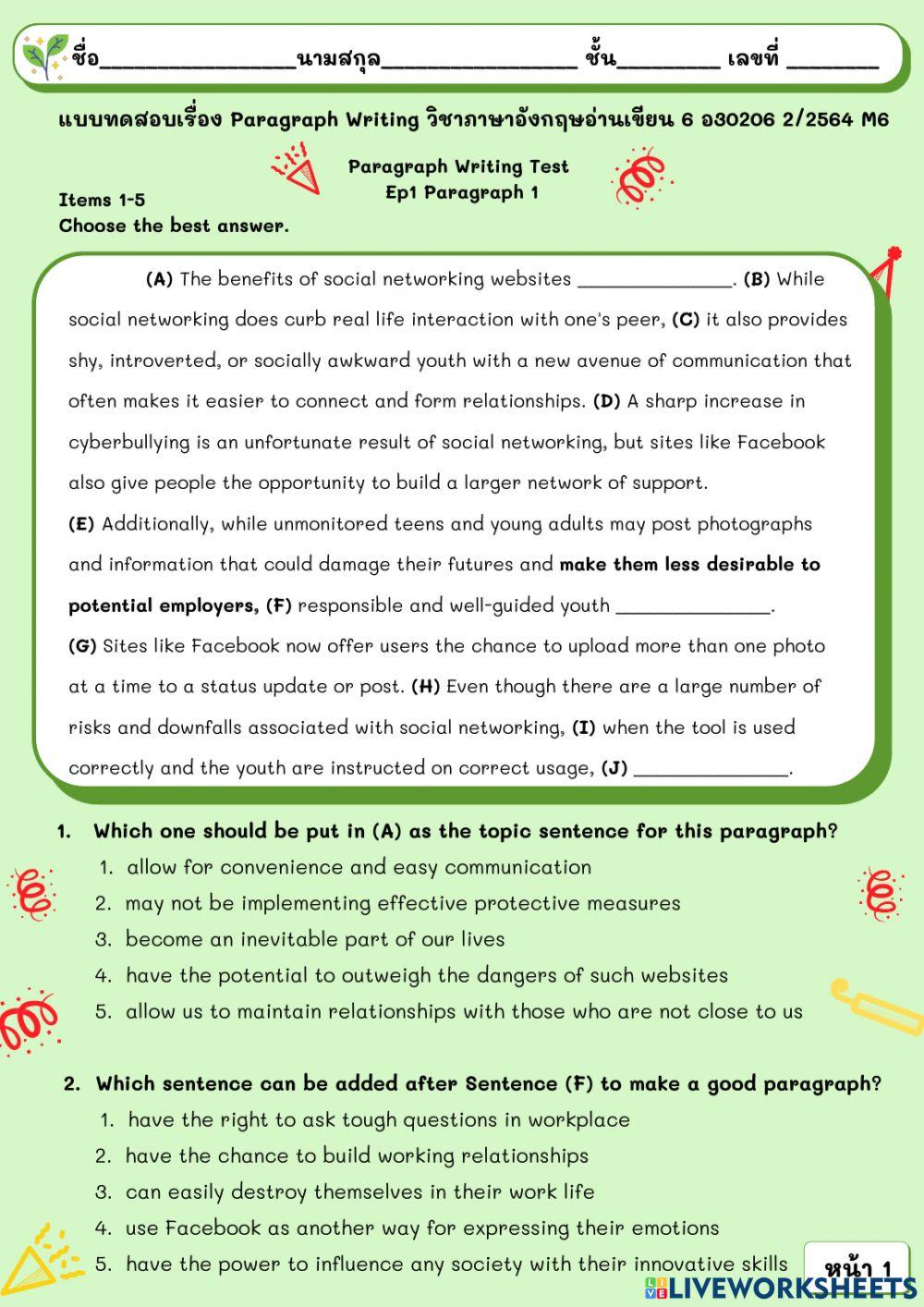 M6 Paragraph Writing Test Ep1 | Weeyaworksheet | Live
