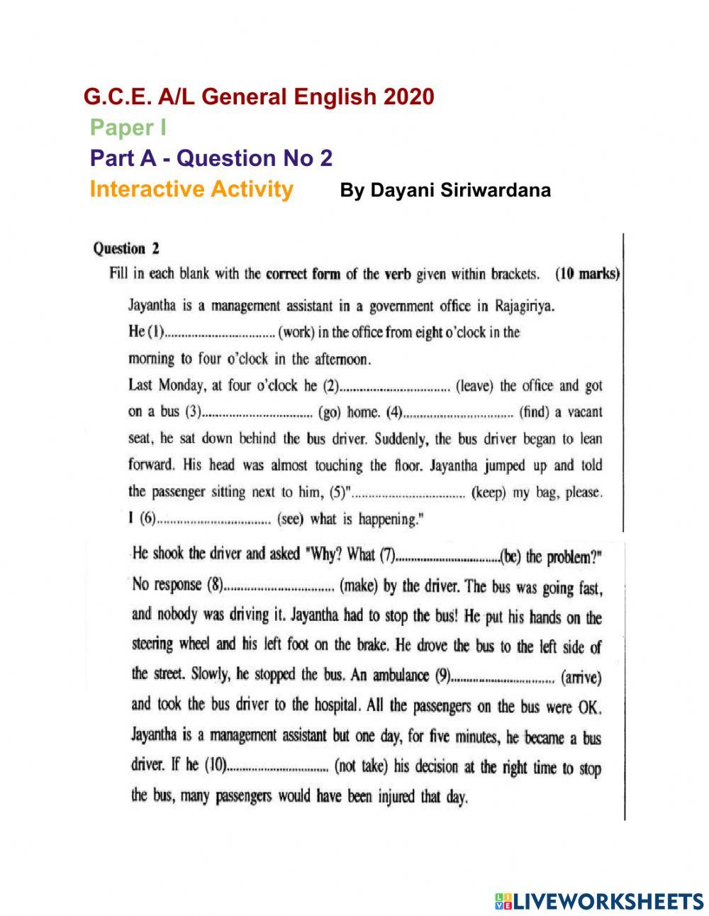 G.C.E. A-L  English 2020  - Paper I  - Part A - Question  02
