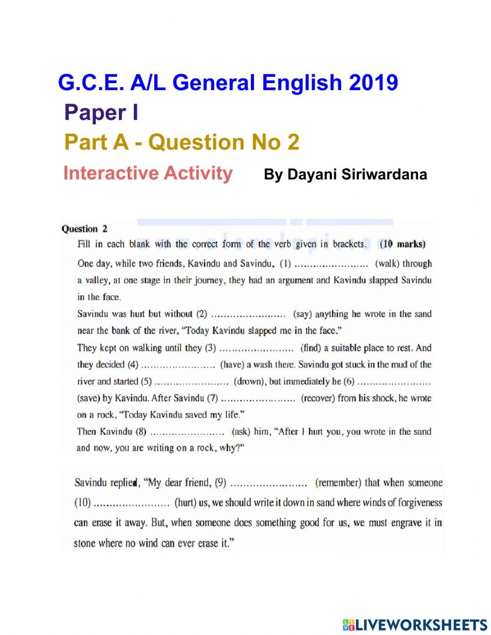 G.C.E. A-L  General English 2019  Paper I - Part A - Question Mo 02