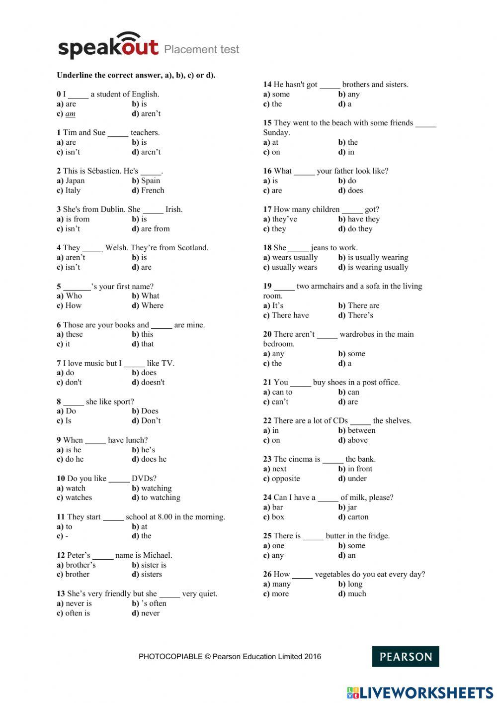 Placement test online exercise for | Live Worksheets