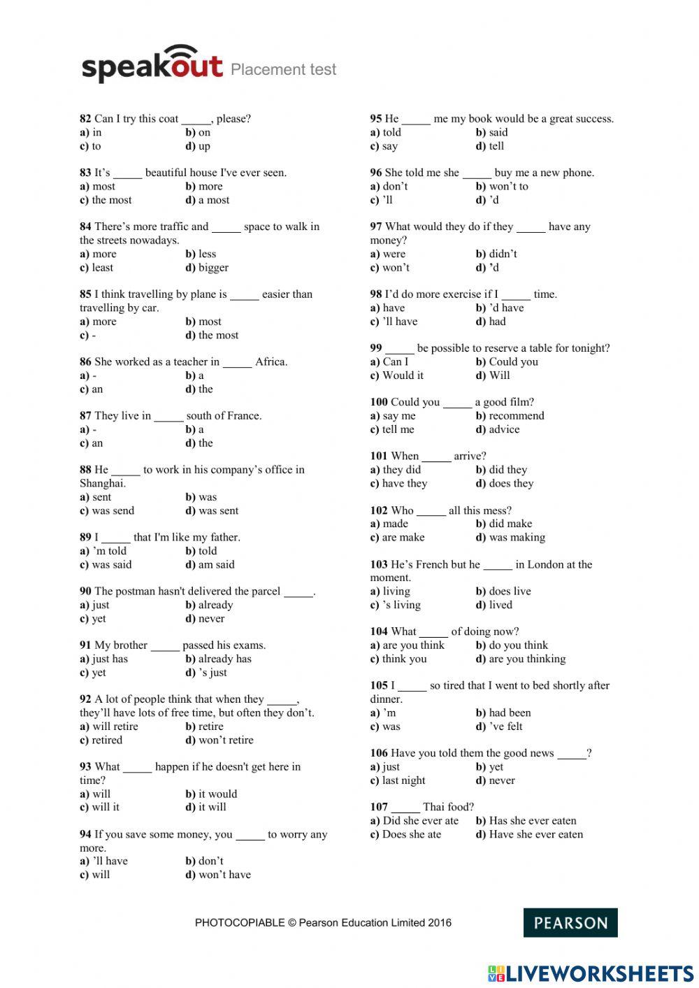 Placement test online exercise for | Live Worksheets