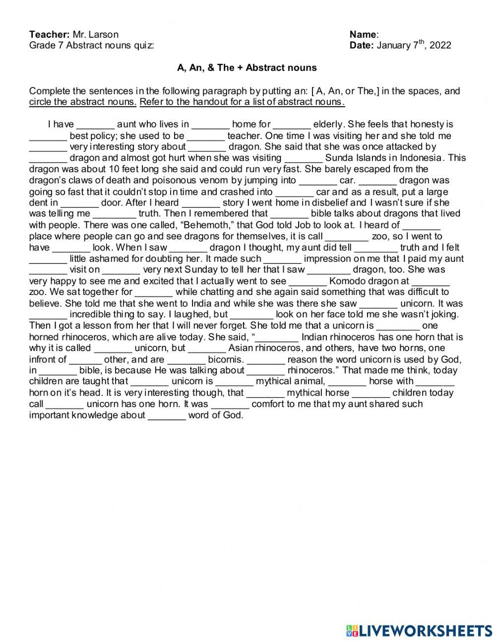 Abstract nouns and Articles