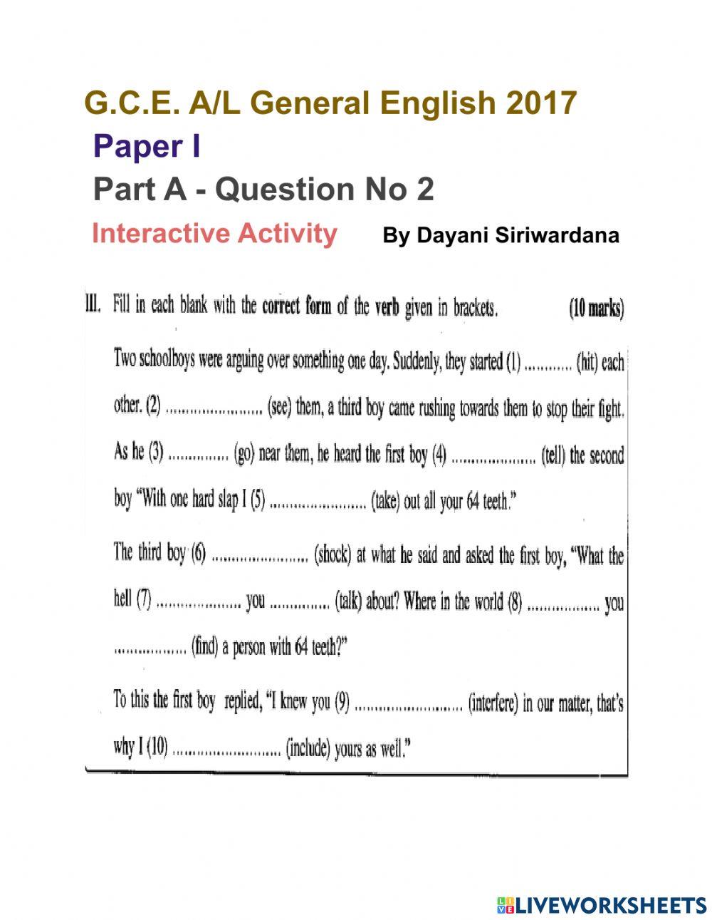 G.C.E. General English   2017  Paper I -Part A -Question No 02