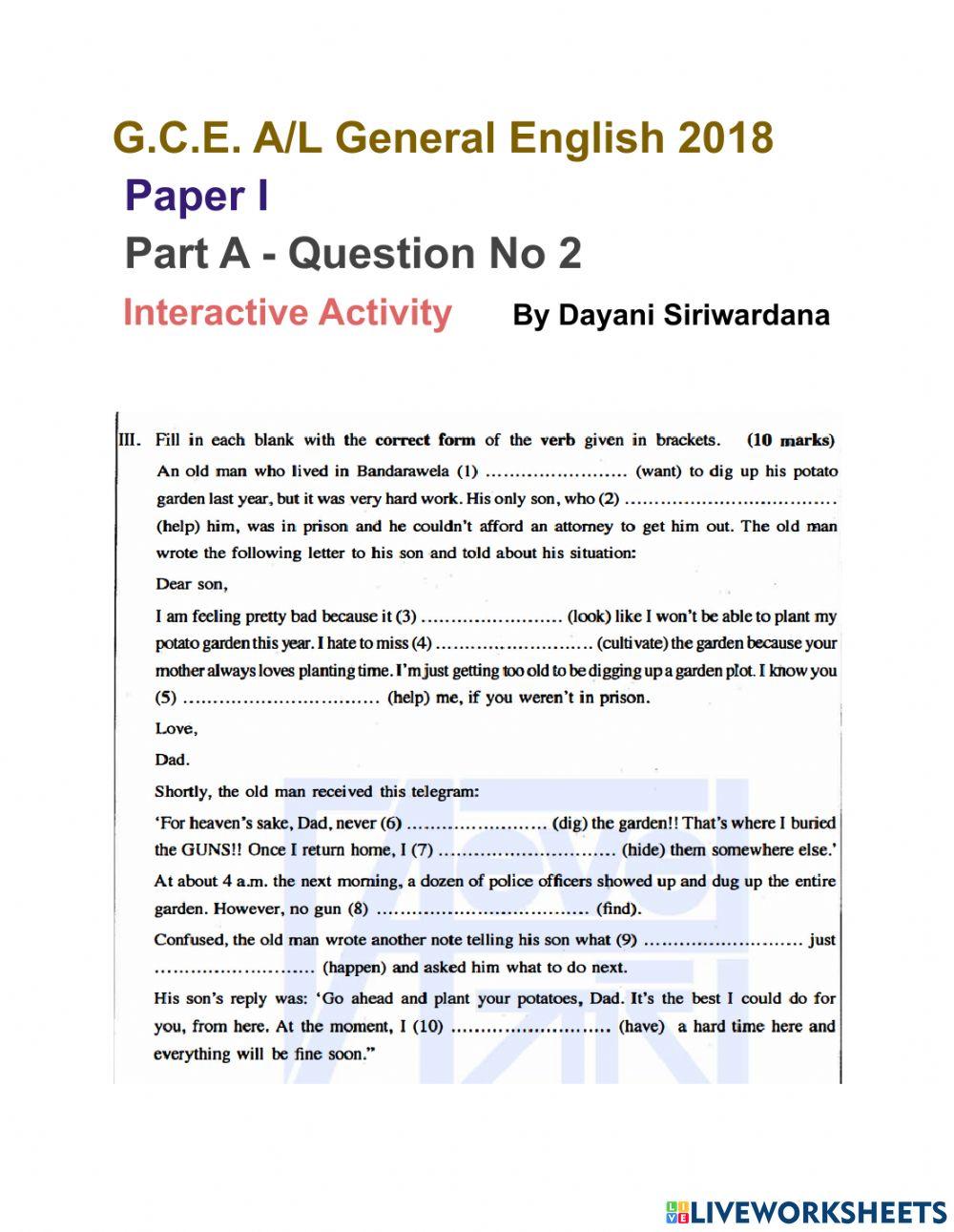G.C.E. General English 2018  Paper I -Part A Question  Mo 02