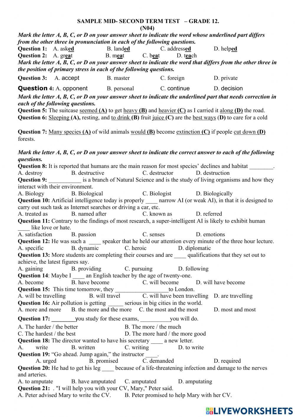 Sample mid- second term test   – grade 12. (n04)