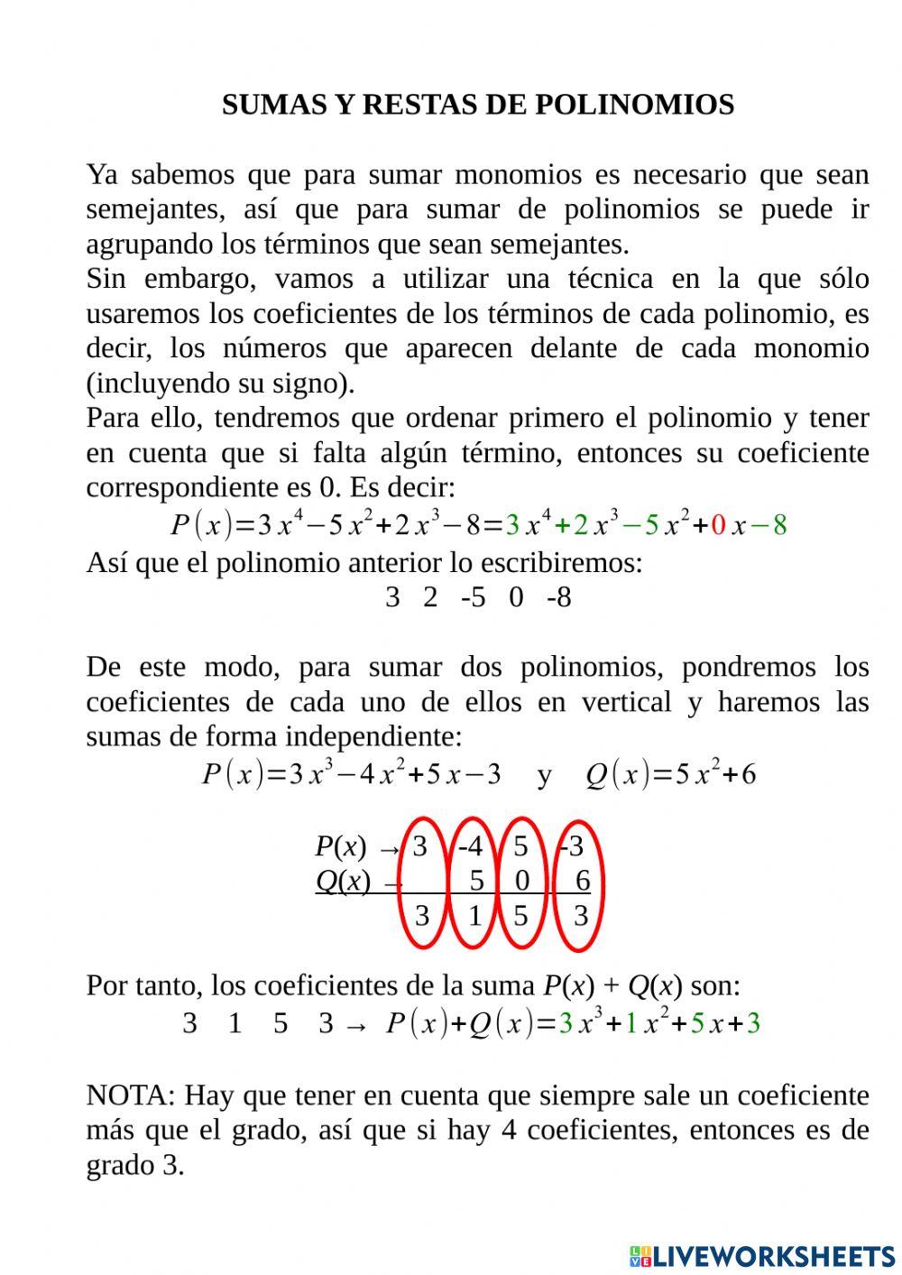 Sumas y restas de polinomios
