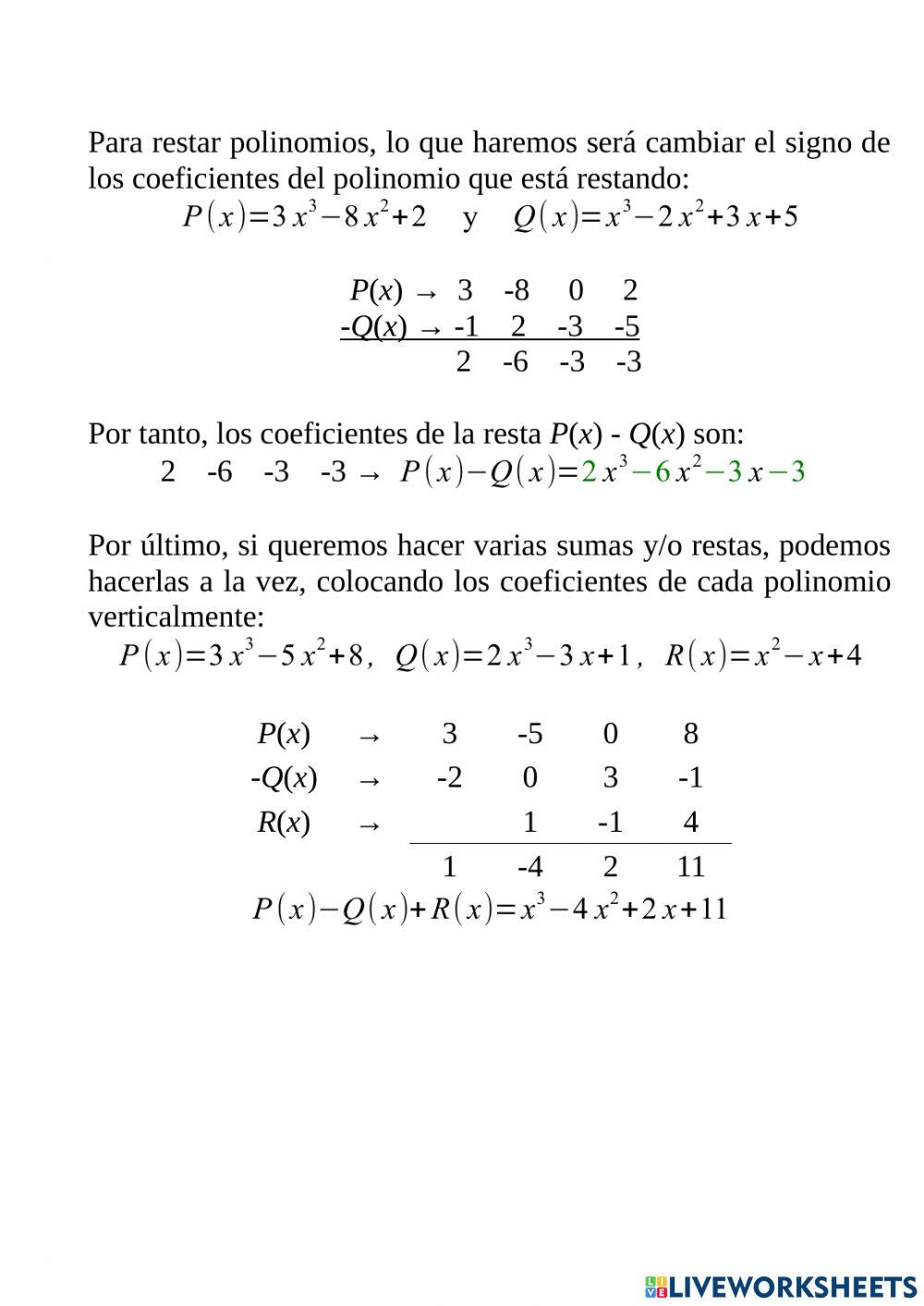 Sumas y restas de polinomios