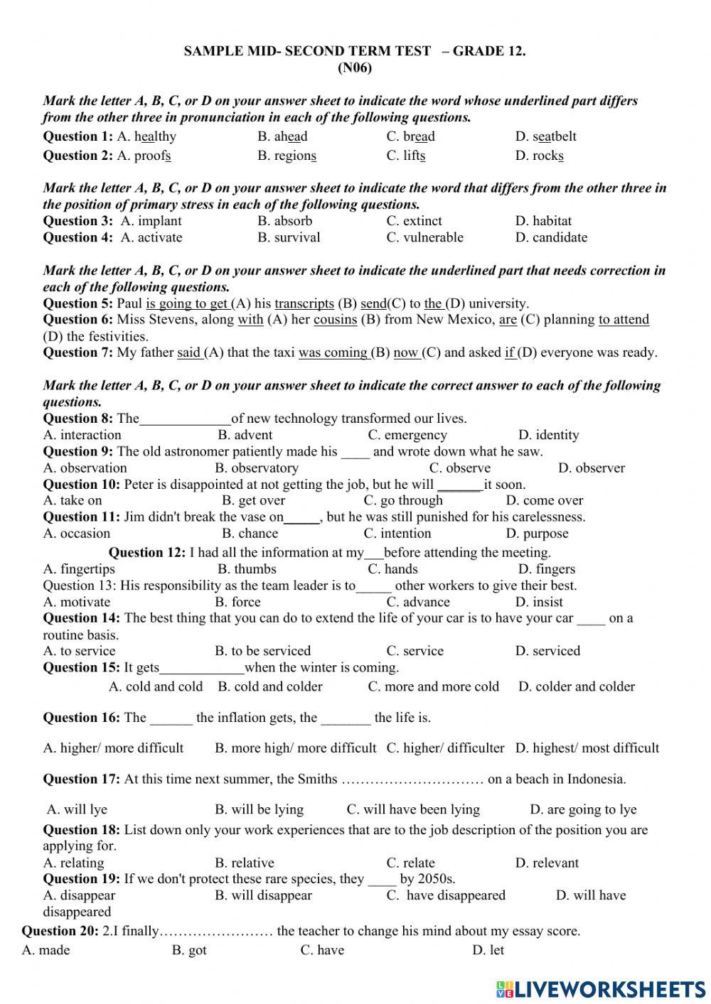 Sample mid- second term test   – grade 12. (n06)