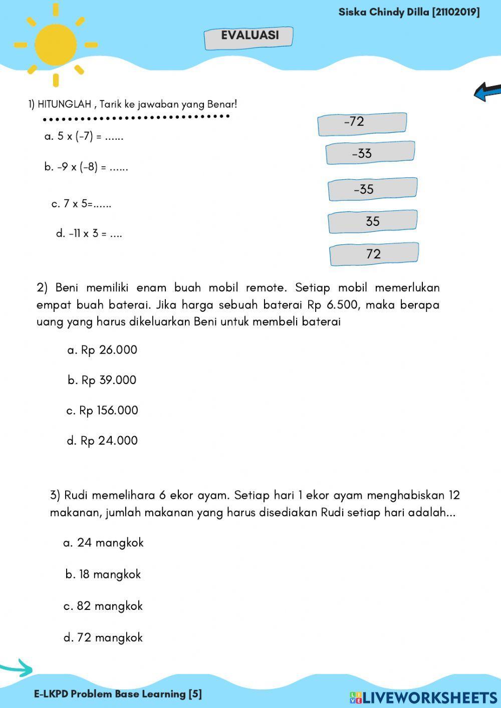 LKPD Operasi Perkalian Bilangan Bulat Kelas 6