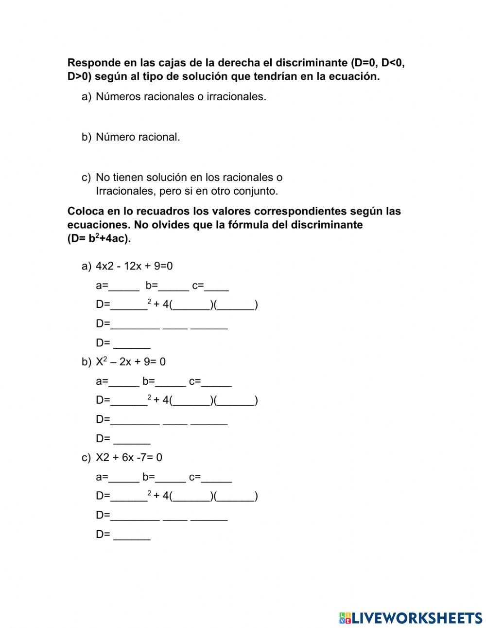 Ejercicios de discriminante.