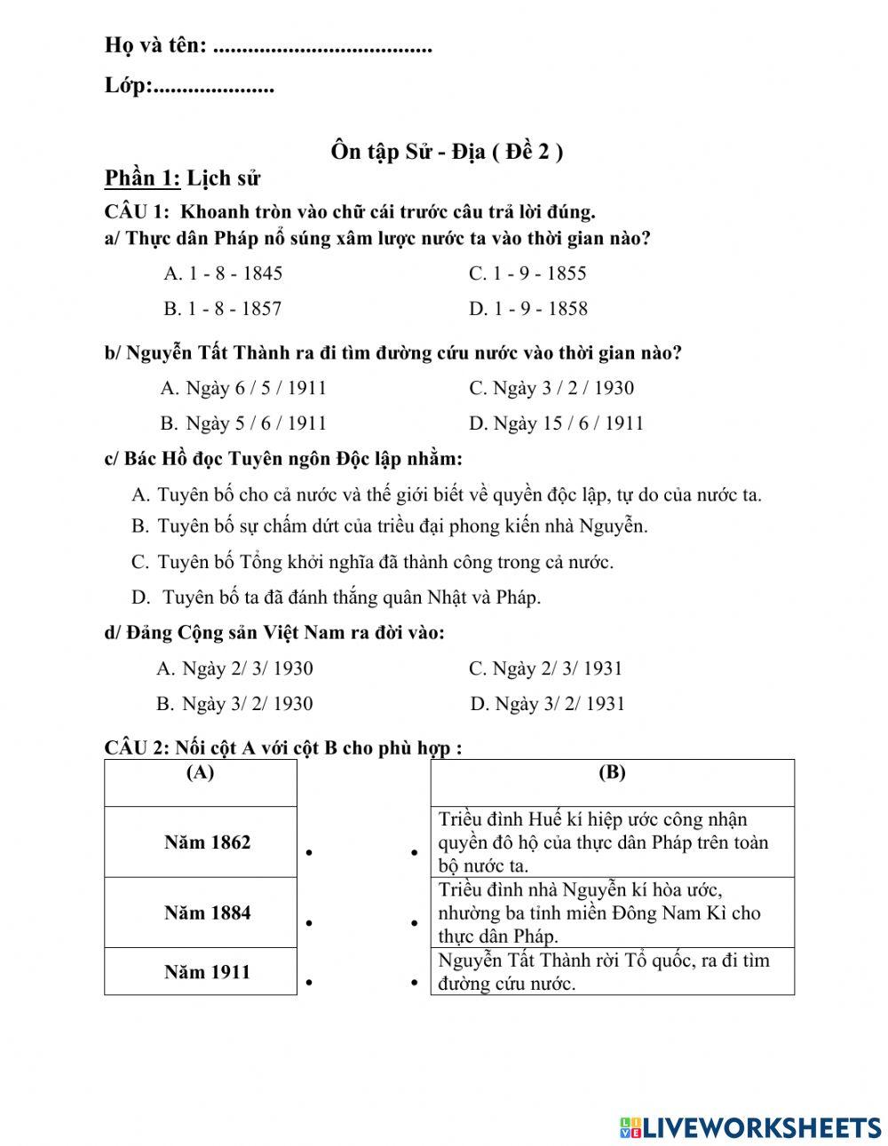 Ôn Sử - Địa (Đề 2)