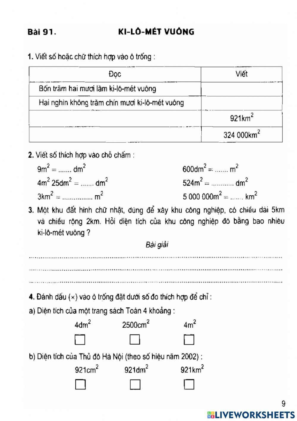 VởBTToán in bài 91-Ki lô mét vuông
