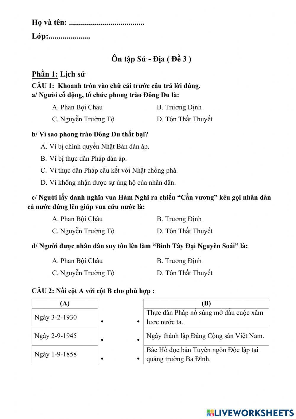 Ôn Sử - Địa (Đề 3)