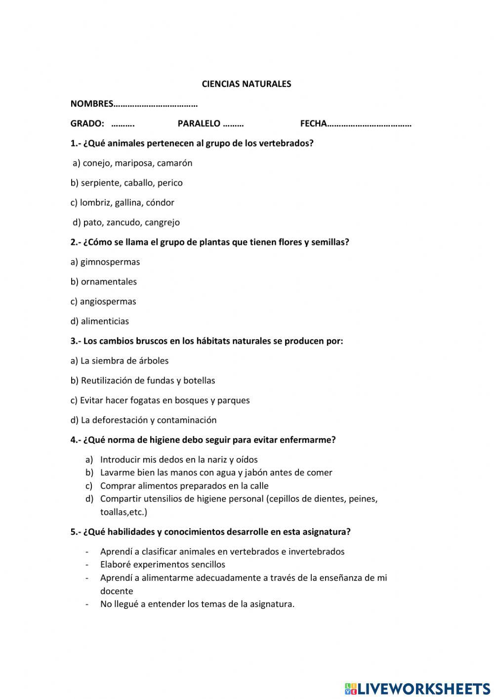 Prueba quimestral Ciencias Naturales