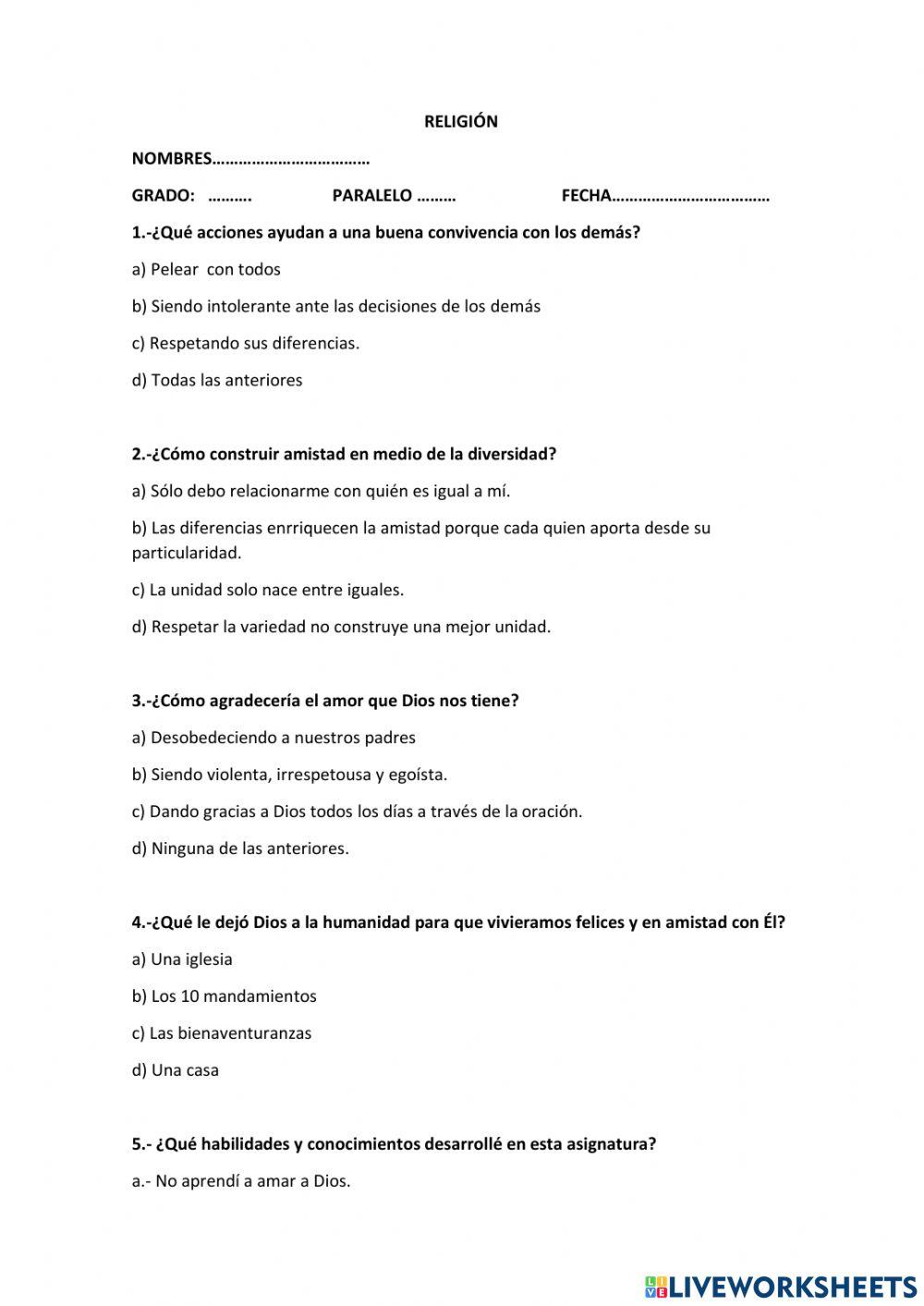 Prueba Quimestral religión