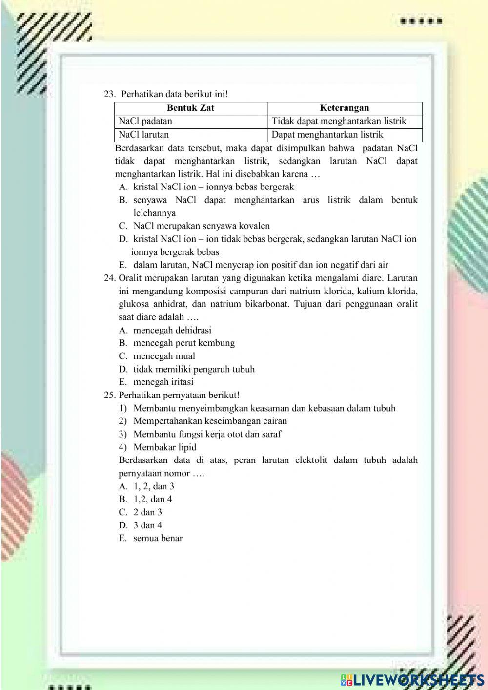 Soal Kimia SMA Larutan Elektrolit
