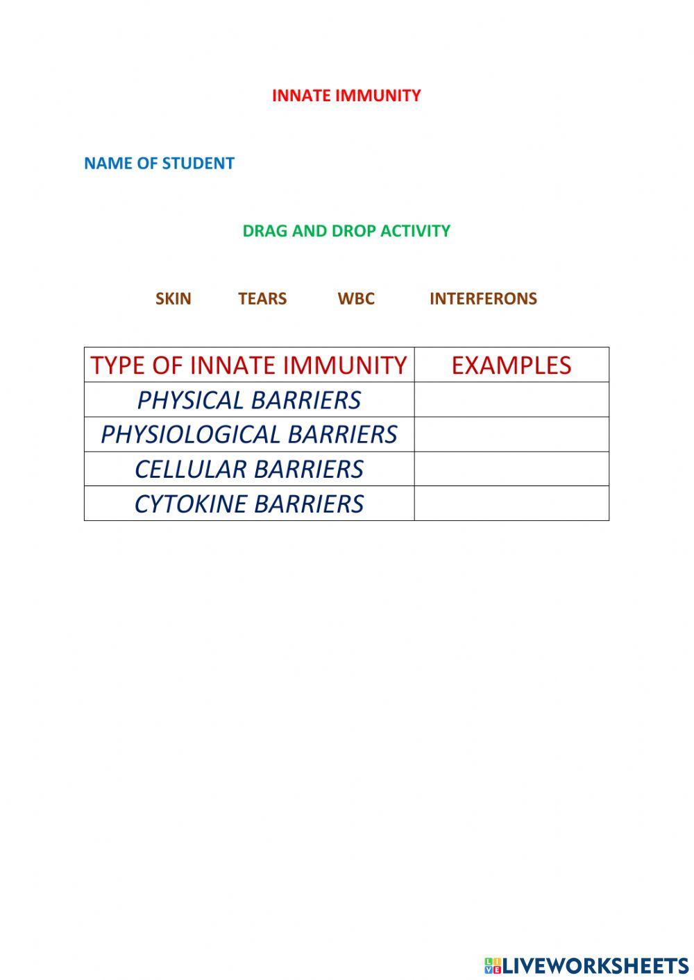 Innate Immunity Drag and Drop online exercise for | Live Worksheets