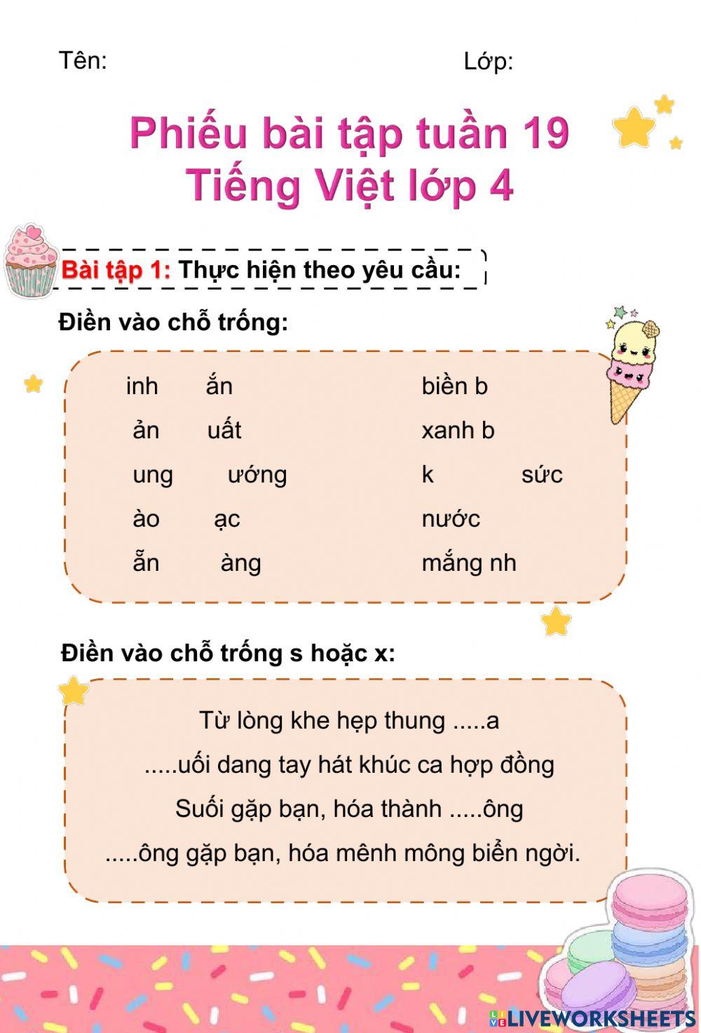 Phiếu bài tập tuần 19 Tiếng Việt lớp 4