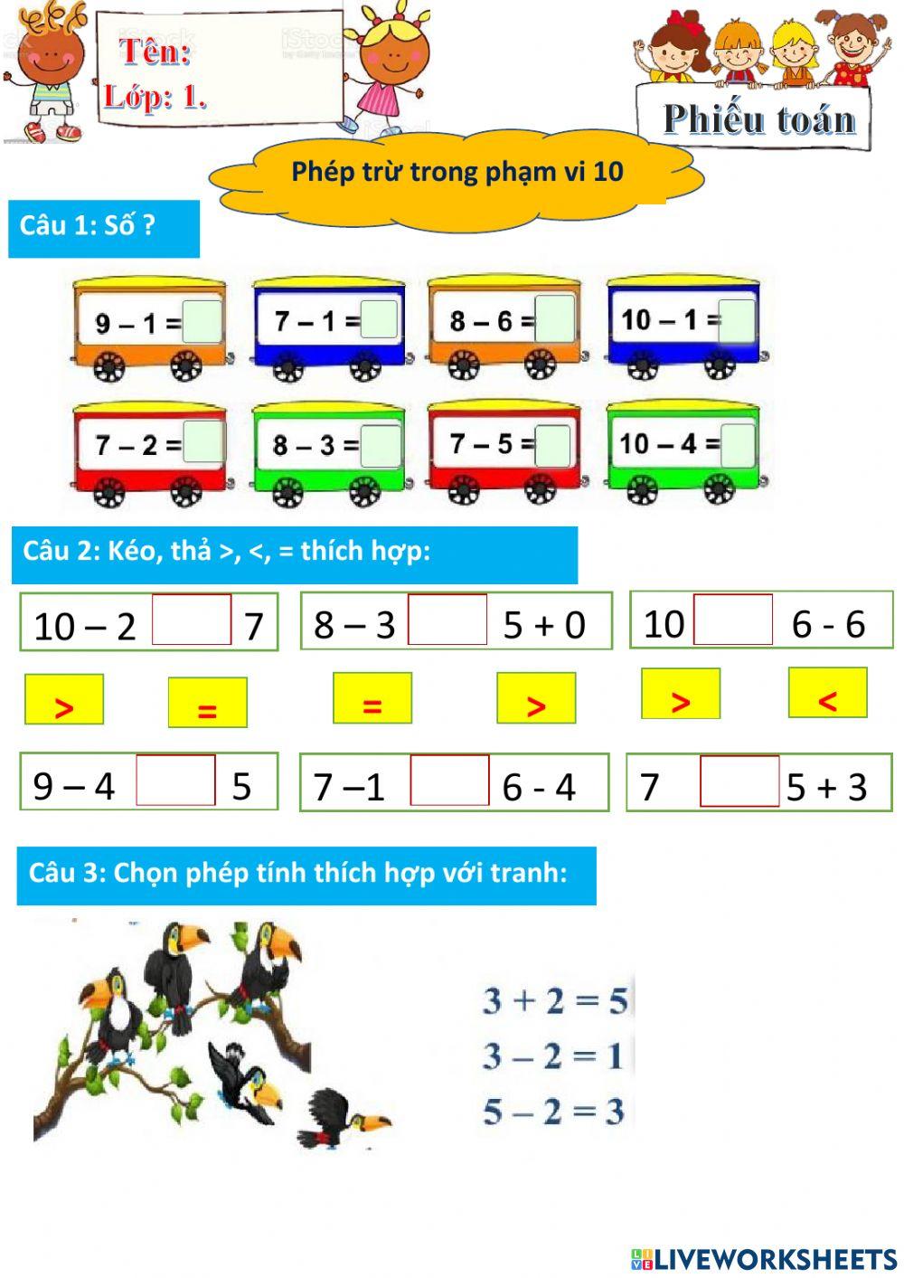 Phép trừ trong PV 10