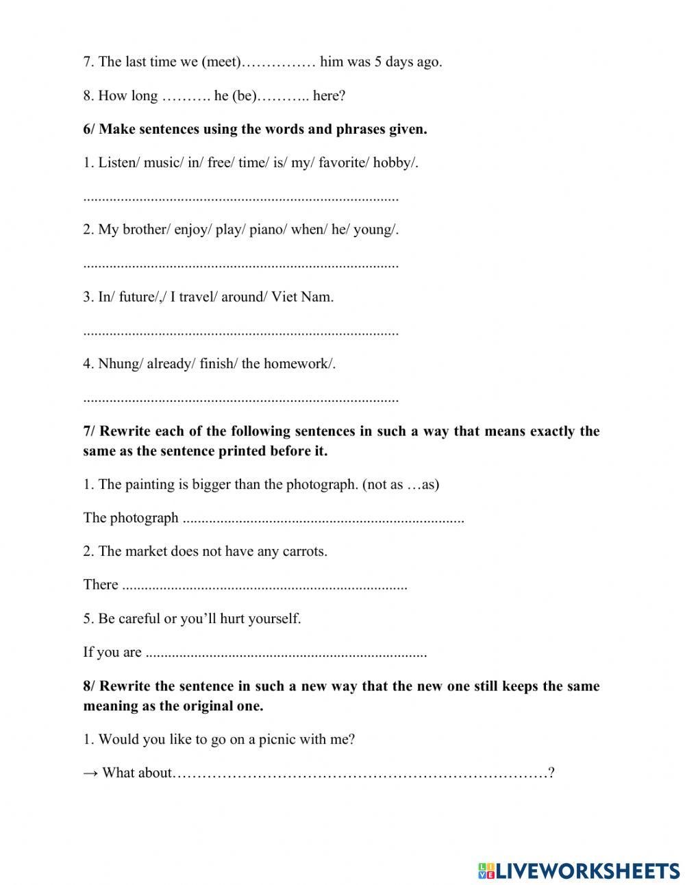 Tiếng Anh 7 - HK1 - Rewriting the sentences