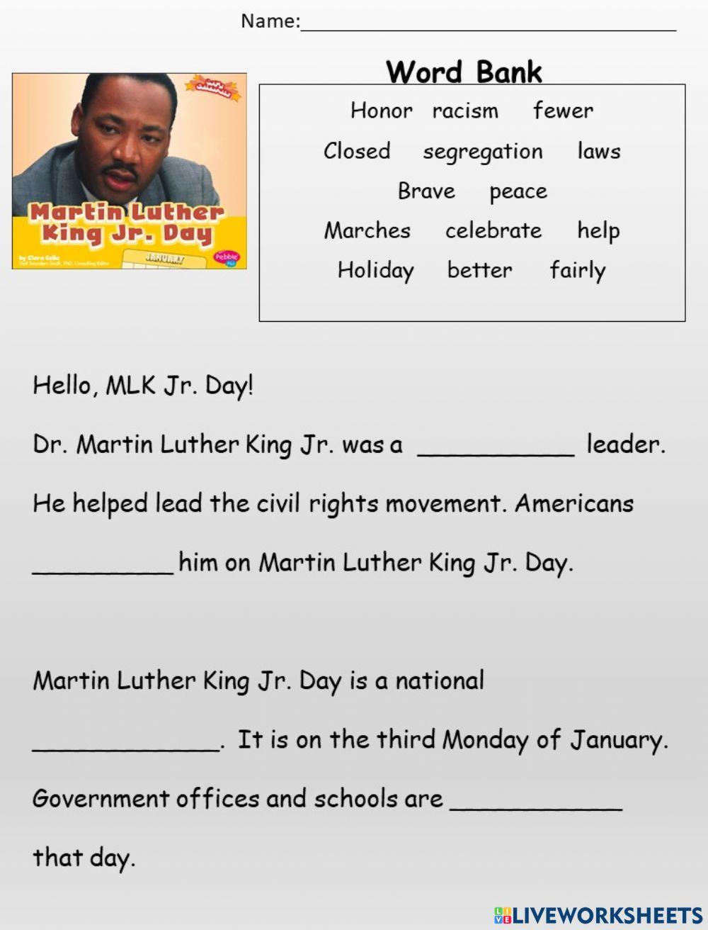 Martin Luther King Jr. Cloze Worksheet with Word Bank