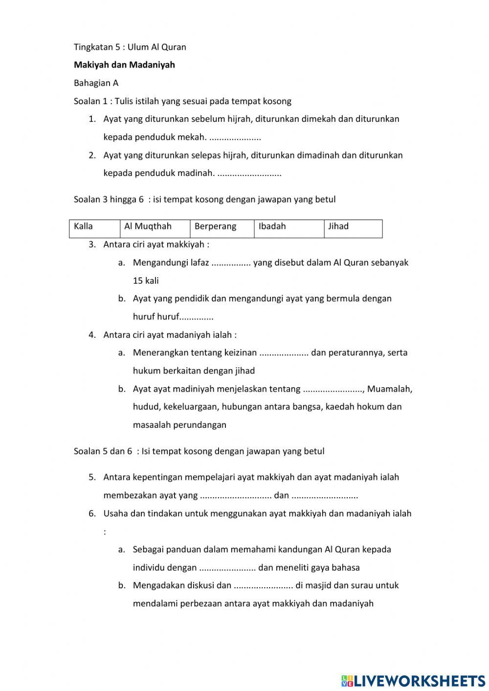 PQS Tingkatan 5 : Makiyyah - Madaniyah
