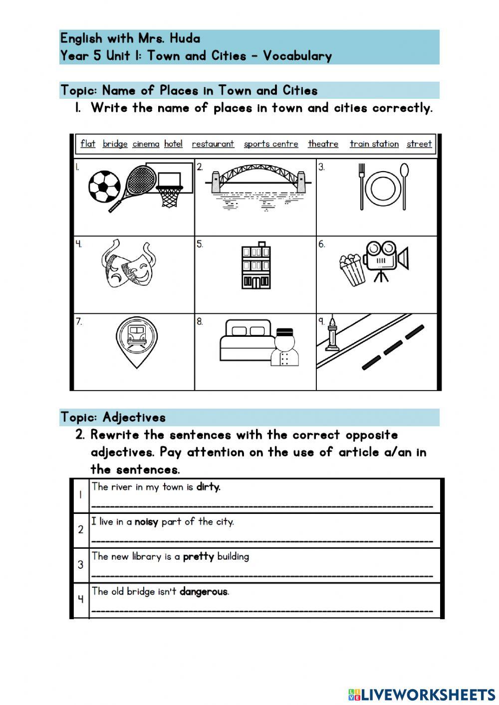 Year 5 Unit 1 Town and Cities - Vocabulary (Names of Places & Adjectives)