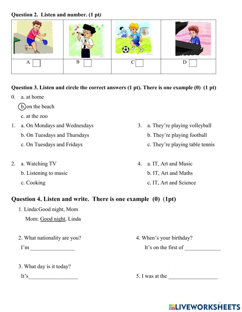 Đề kiểm  tra  tiêng Anh lớp 4  HK1