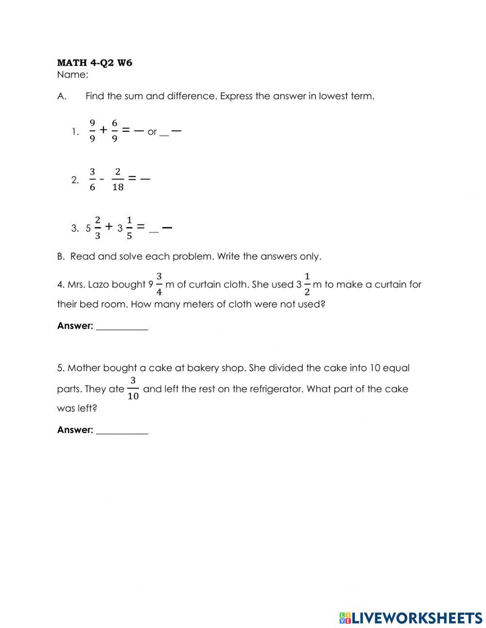 MATH Q2-W6 online exercise for | Live Worksheets