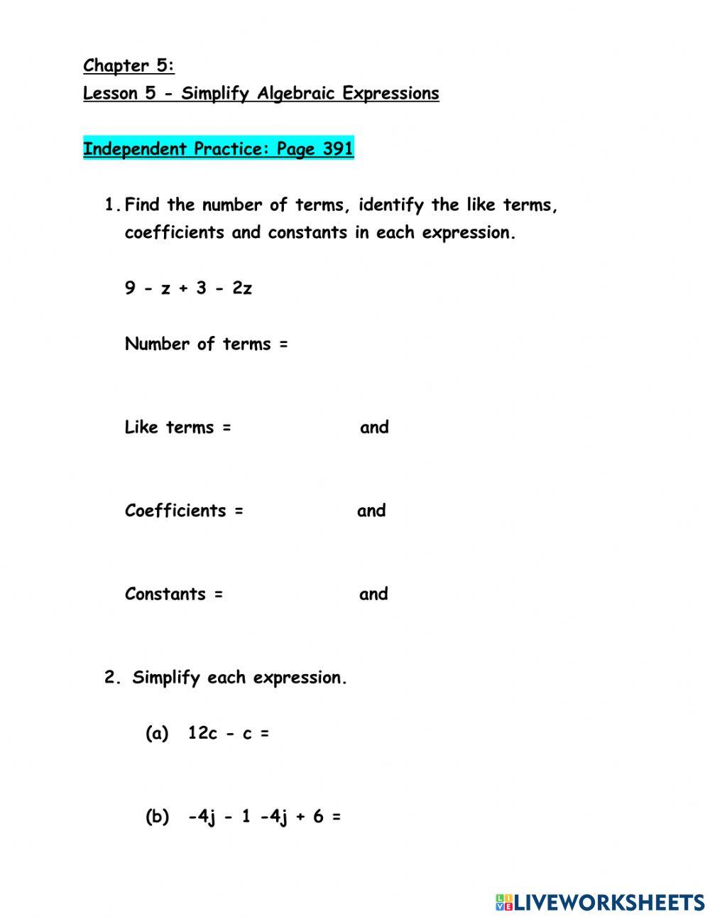 Chapter 5 Lesson 5 Simplify Algebraic Expressions