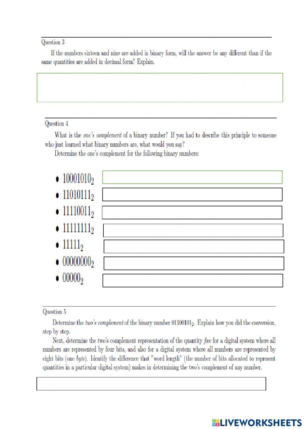 Complements in Binary code worksheet | Live Worksheets