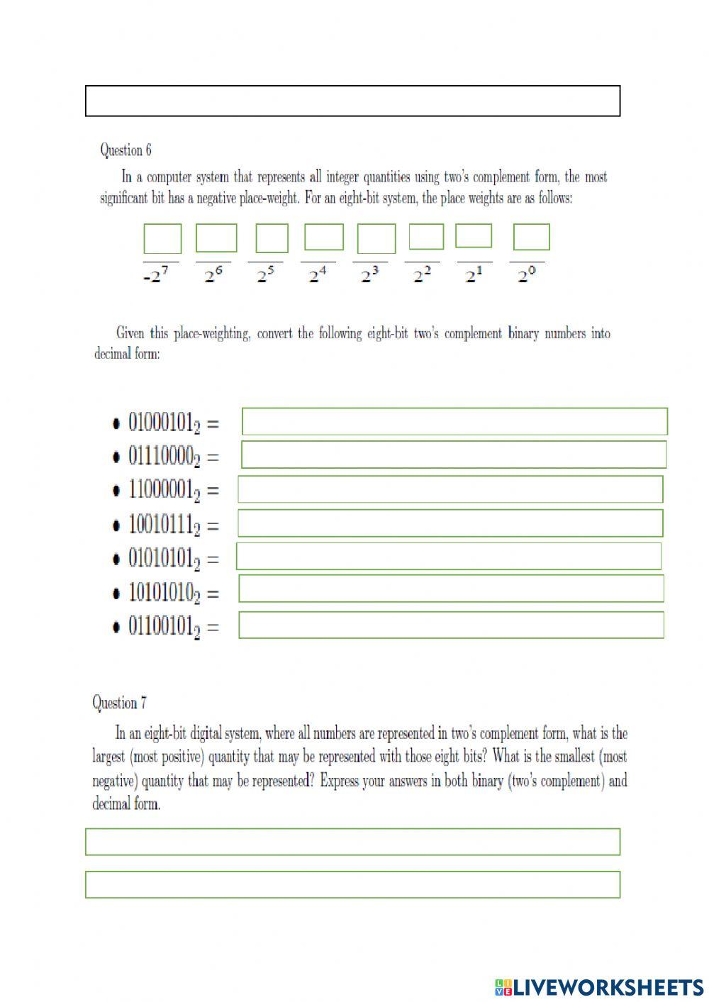 Complements in Binary code worksheet | Live Worksheets