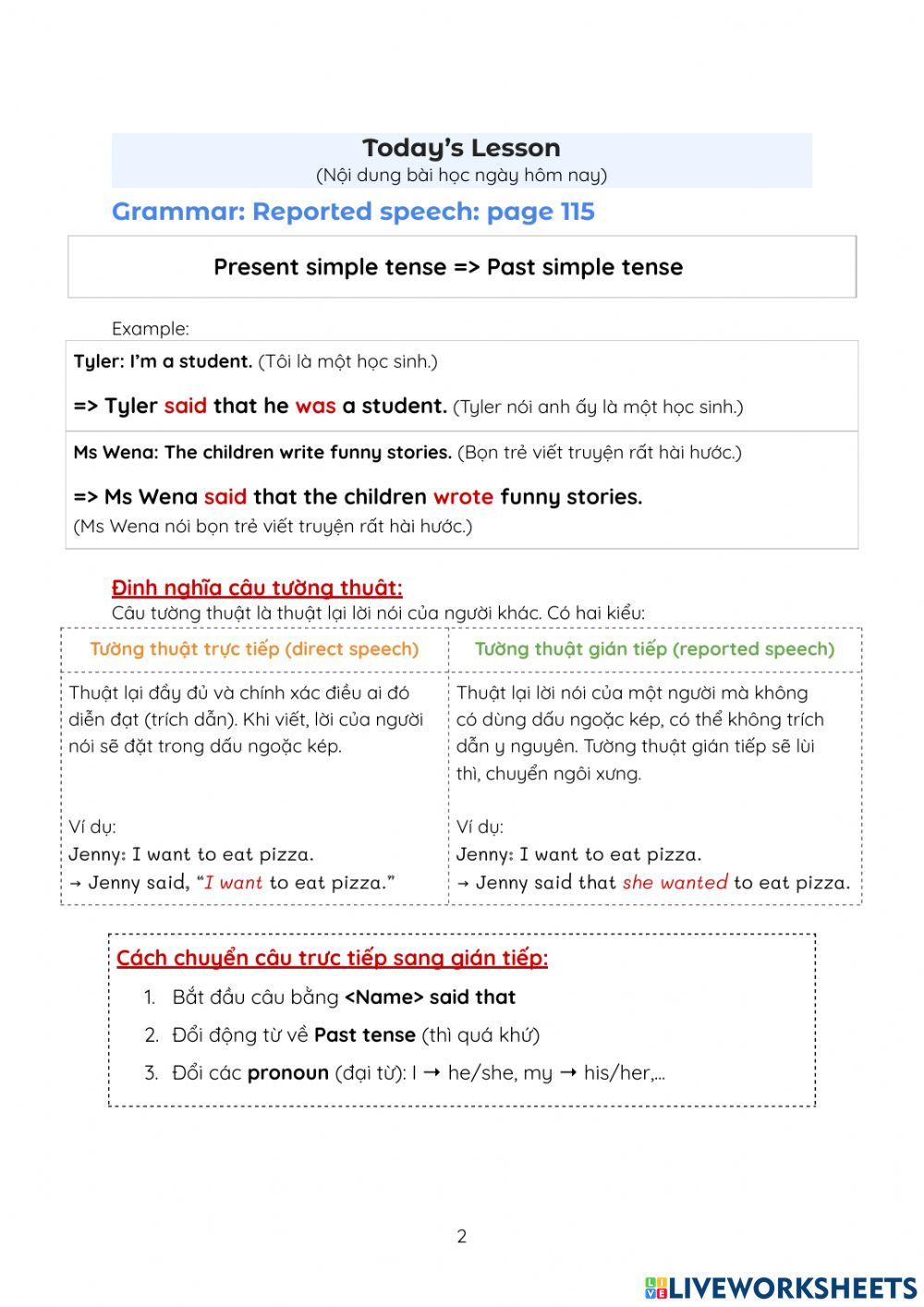 J5B Homework Reported Speech