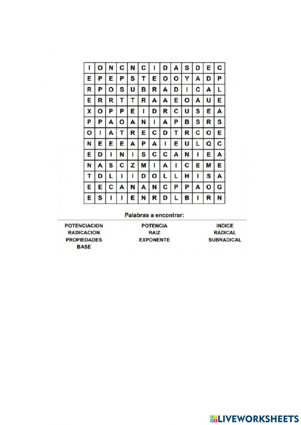 Sopa de letras matemática