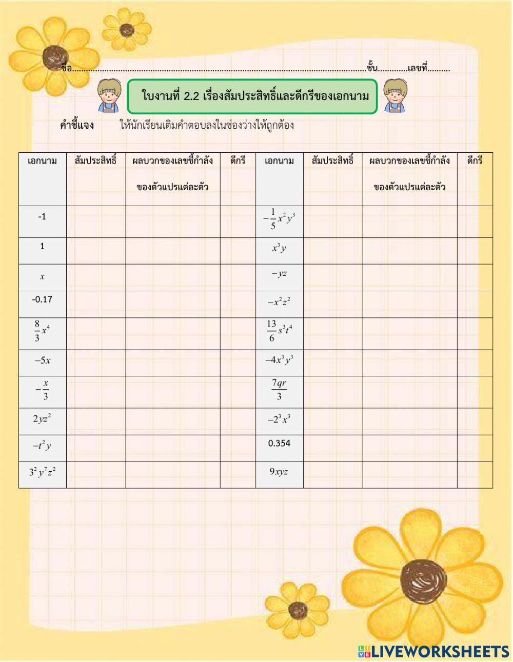 สัมประสิทธิ์และดีกรีของเอกนาม