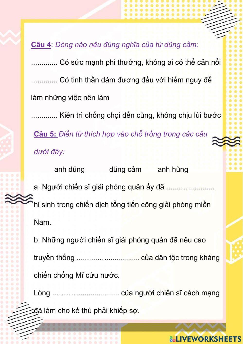 Phiếu bài tập Tiếng Việt 4 Tuần 25