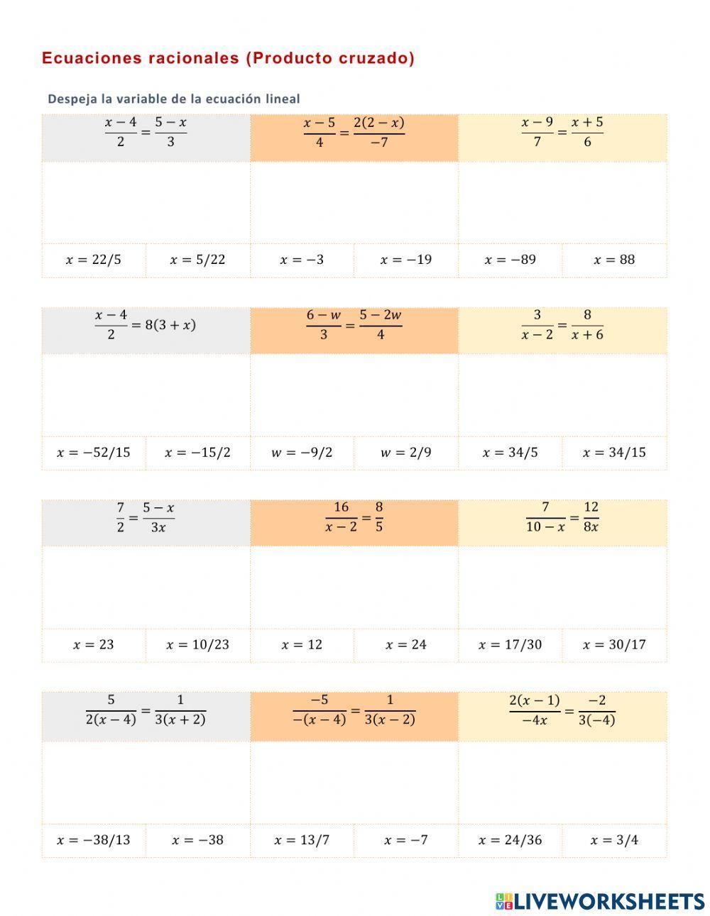 III.2.1. Ecuaciones lineales racionales producto cruzado
