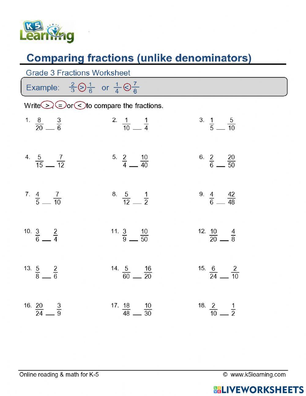 WS 6: Comparing fractions (unlike denominators) online exercise for