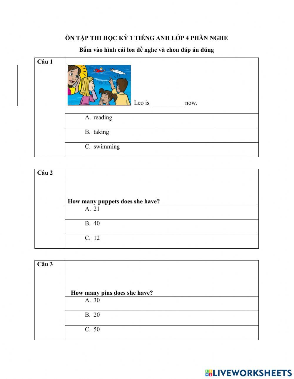 On tap nghe tieng anh lop 4 online exercise for live worksheets