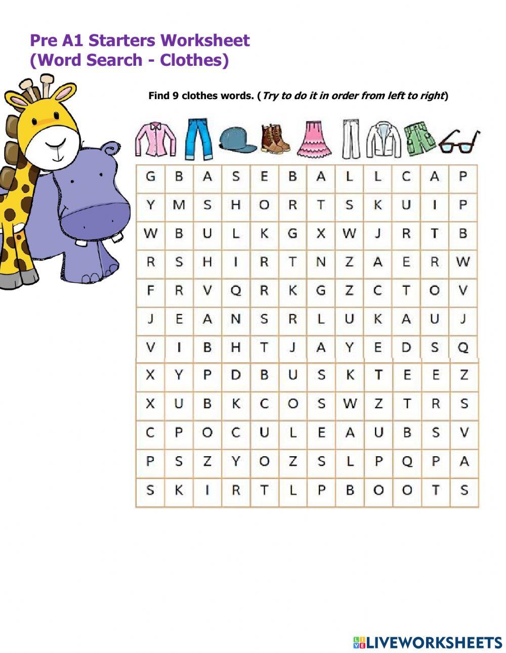 Pre A1 Starters Worksheet Wordsearch Clothes