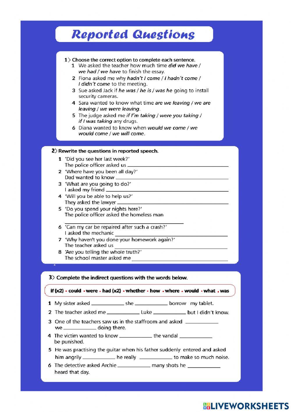 Reported questions online pdf activity for 10 | Live Worksheets
