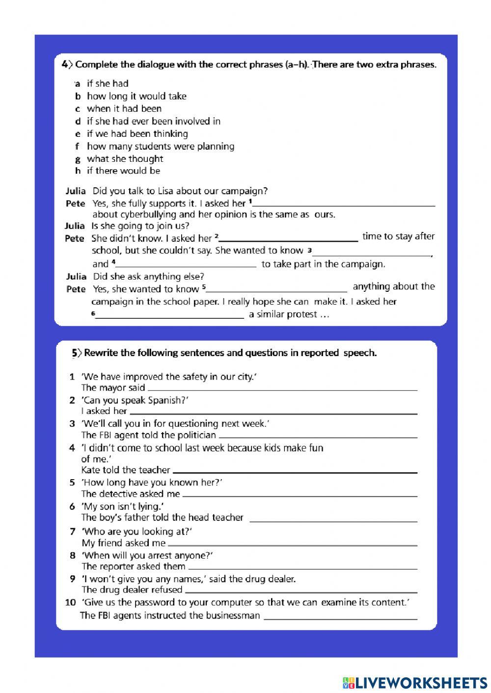 Reported questions online pdf activity for 10 | Live Worksheets