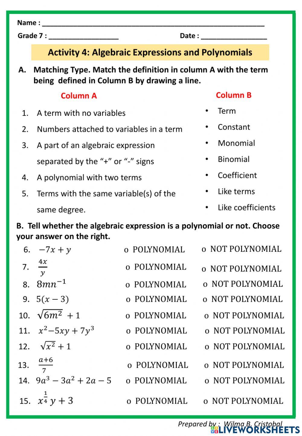 polynomials and algebraic expressions