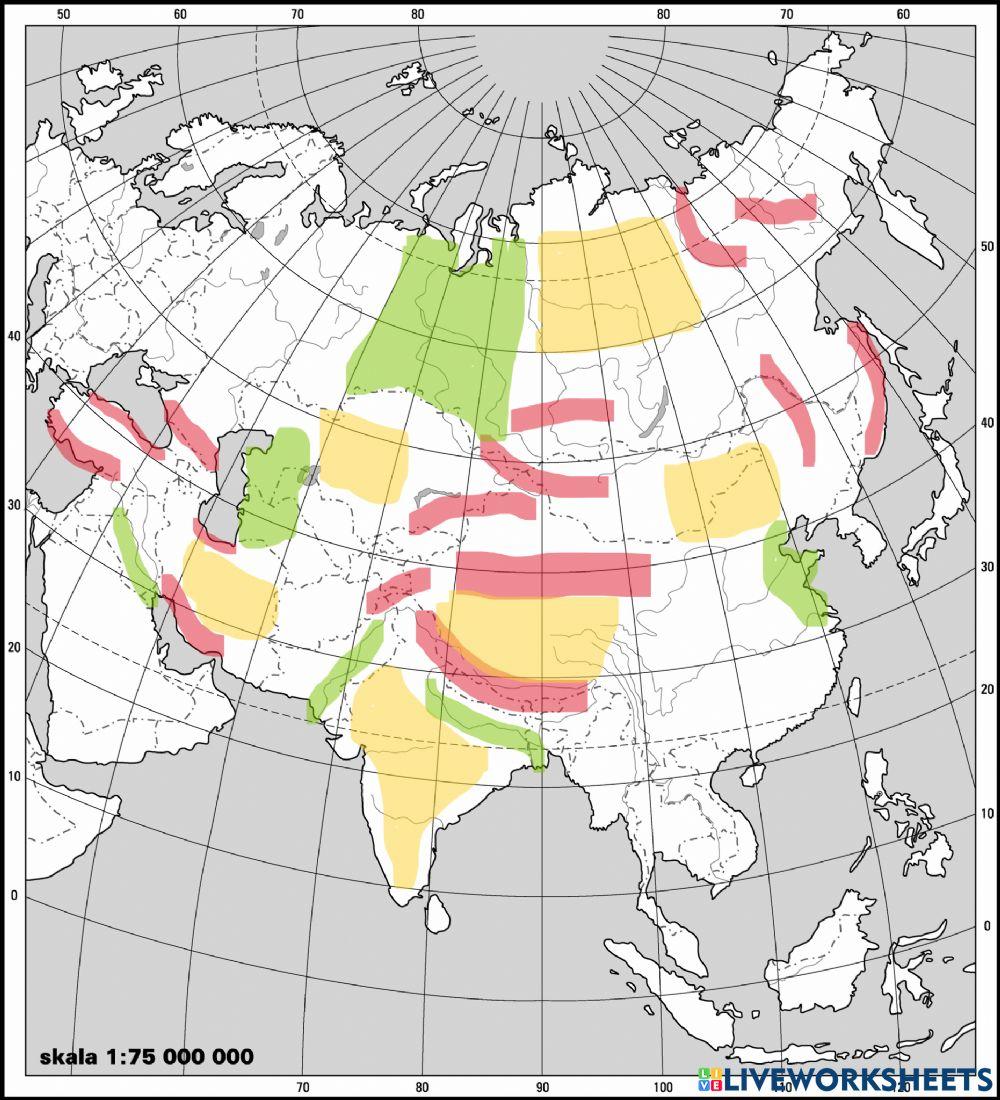 Mapa Azji Góry, Wyżyny, Niziny