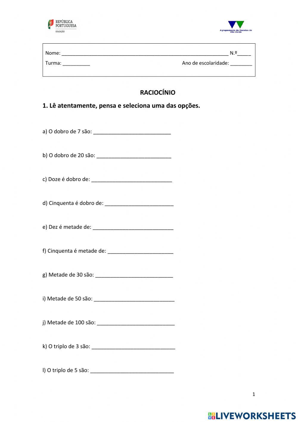 Matemática: dobro, metade, triplo, terça parte