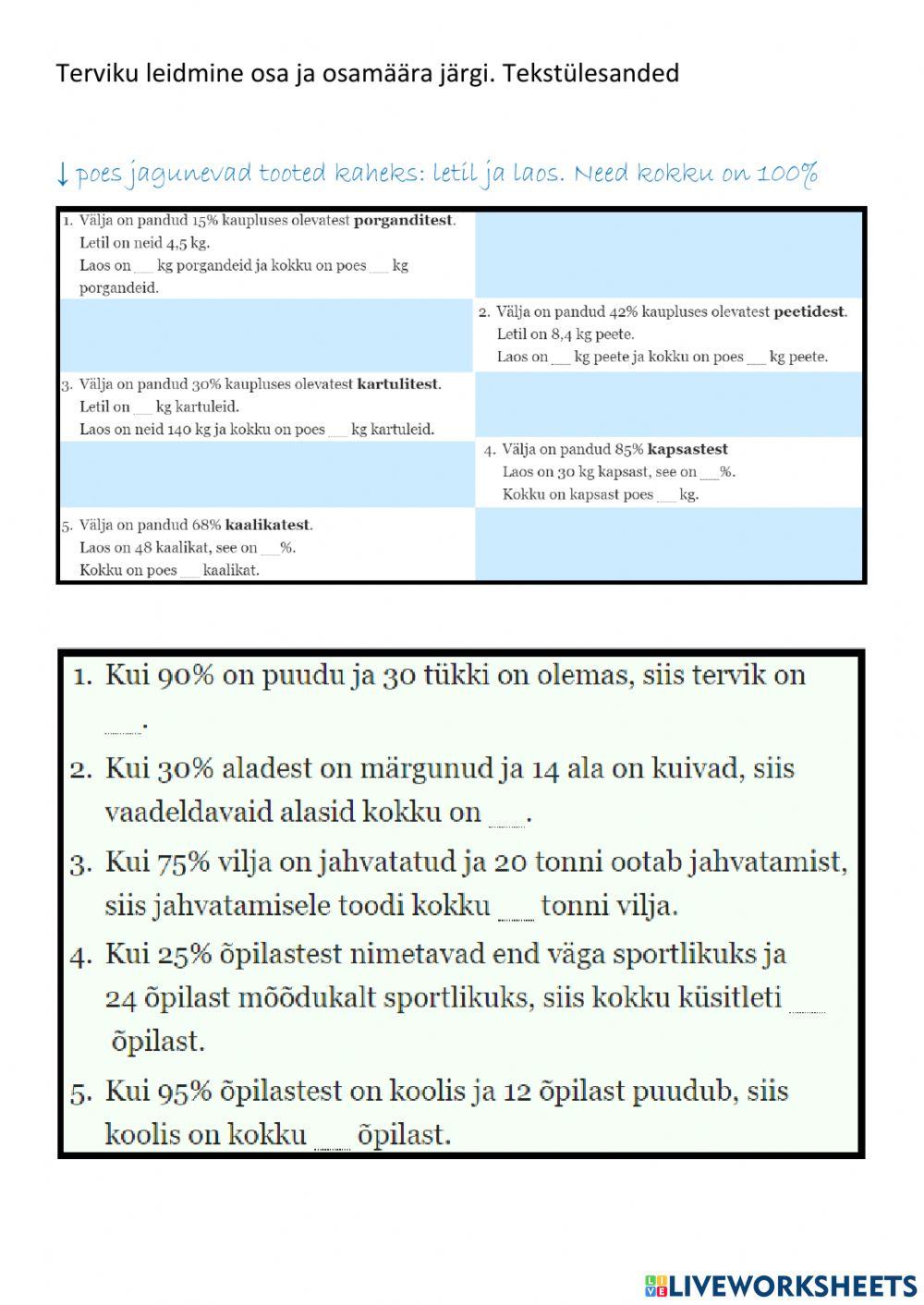 Tekstülesanded tervikule