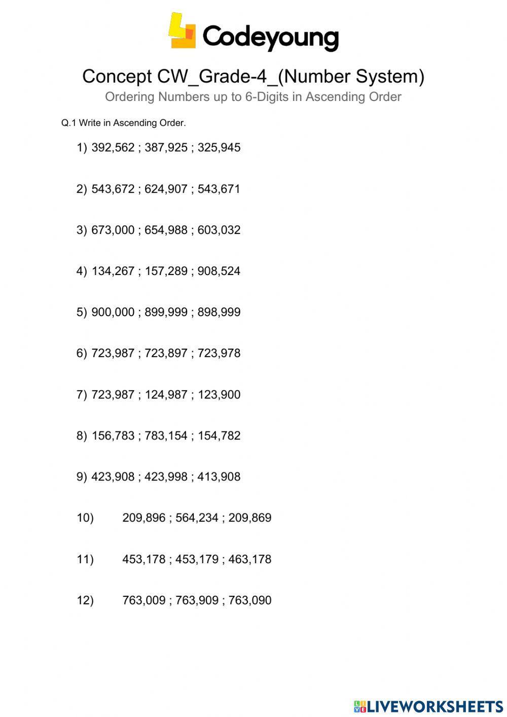 Ordering Numbers up to 6-Digits in Descending Order Concept CW