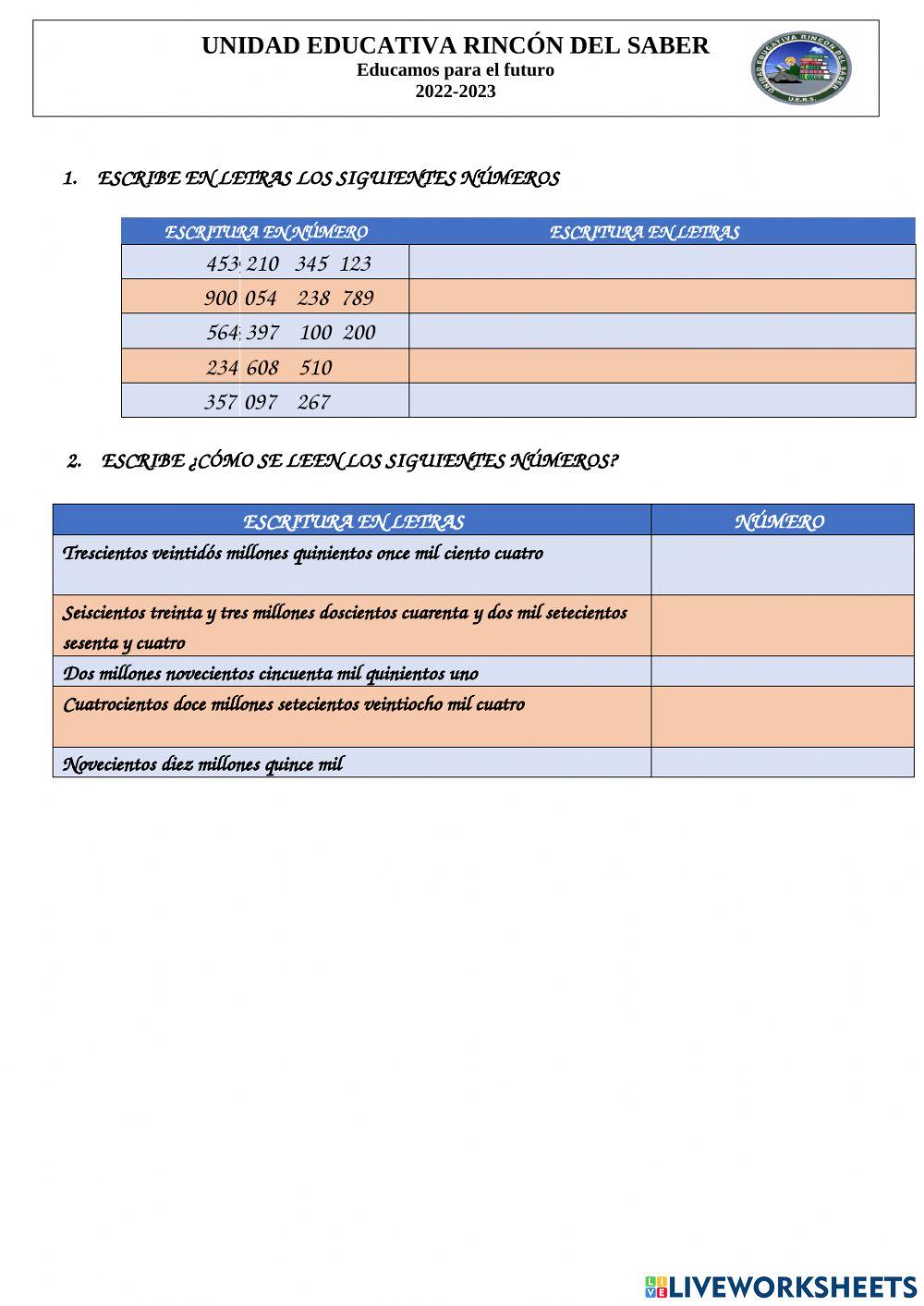 Lectura y escritura de números naturales de 6 a 12 cifras