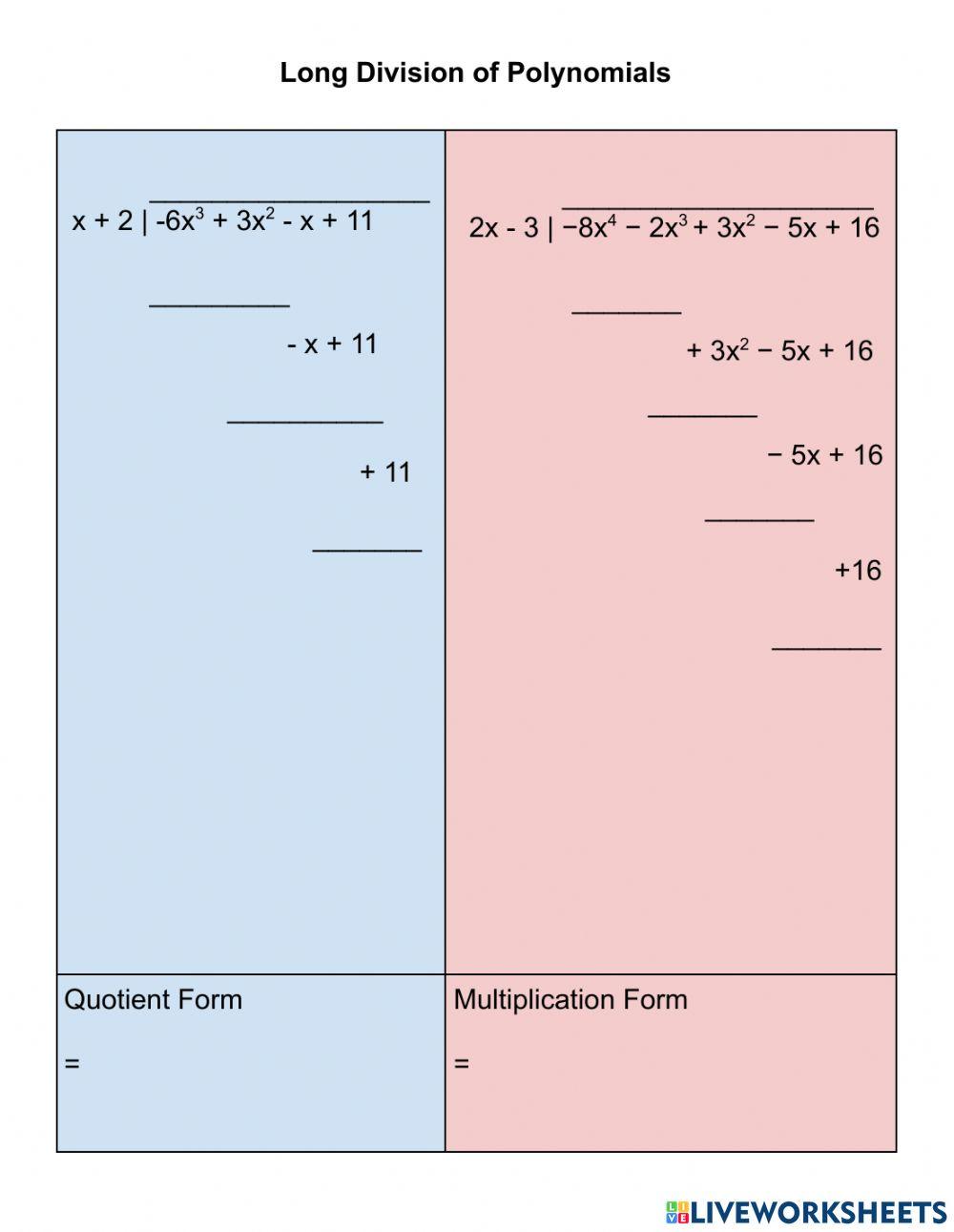 Long division of polynomials